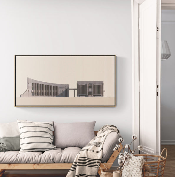 Northam Library and former Council Offices by Iwan Iwanoff illustration by Harry Young Framed Canvas Example
