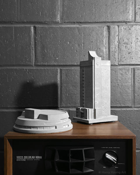 Perth Entertainment Centre concrete architectural sculpture next to Forbidden Skate Ramp Telstra Building sculpture by Harry Young