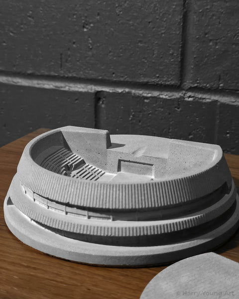 Perth Entertainment Centre concrete architectural sculpture with lid removed revealing inner detailing by Harry Young