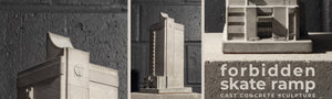 Collage of a concrete sculpture titled 'Forbidden Skate Ramp' with close-up details. Based on the Perth Telstra Building