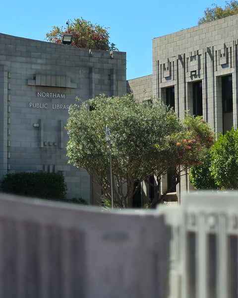 Northam Library and (former) Council Offices Iwan Iwanoff with cast concrete sculpture by Perth artist Harry Young out of focus in the foregound