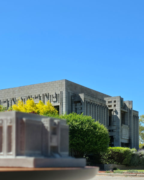 Northam Library and Council Offices Iwan Iwanoff with cast concrete sculpture by Harry Young out of focus in the foreground